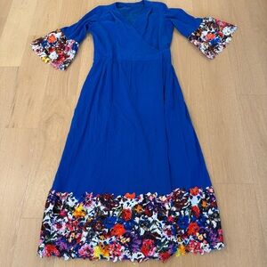 Unique Royal Blue Floral Hem Wrap Dress.